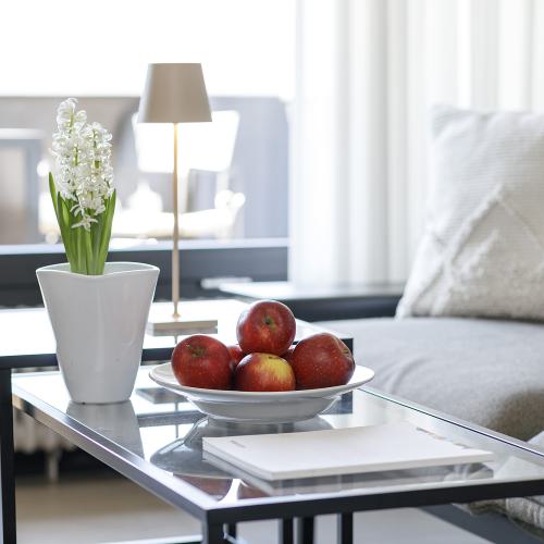 Gemütlicher Wohnbereich einer Ferienwohnung der Pension Apartments Bio Apfel & Weingut Riedingerhof in Meran &ndash; mit gläsernem Couchtisch, frischer Hyazinthe, einer Schale mit hauseigenen Bio-Äpfeln und hellem, modernem Ambiente.